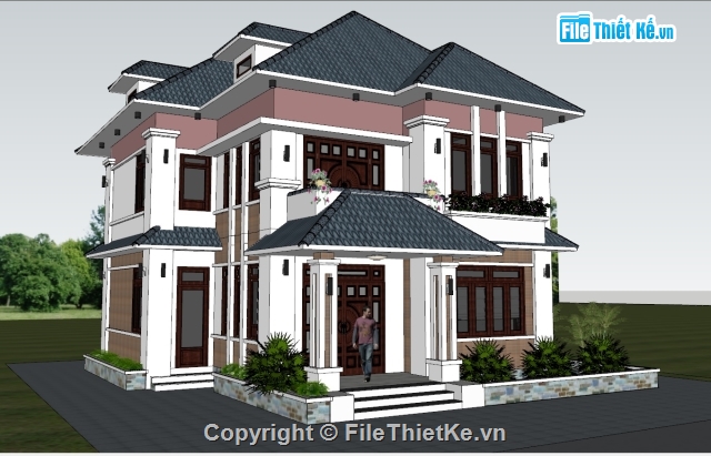 MOdel sketchup biệt thự 2 tầng,File sketchup Biệt thự 2 tầng,sketchup biệt thự 2 tầng hiện đại