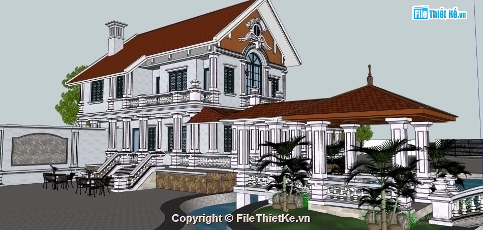 sketchup biệt thự 2 tầng,model sketchup phối cảnh 2 tầng,biệt thự 2 tầng cổ điển,biệt thự vườn,bể bơi gia đình