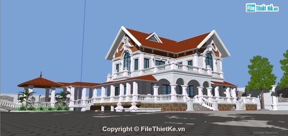 sketchup biệt thự 2 tầng,model sketchup phối cảnh 2 tầng,biệt thự 2 tầng cổ điển,biệt thự vườn,bể bơi gia đình