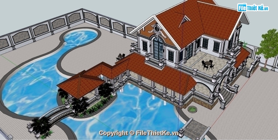 sketchup biệt thự 2 tầng,model sketchup phối cảnh 2 tầng,biệt thự 2 tầng cổ điển,biệt thự vườn,bể bơi gia đình
