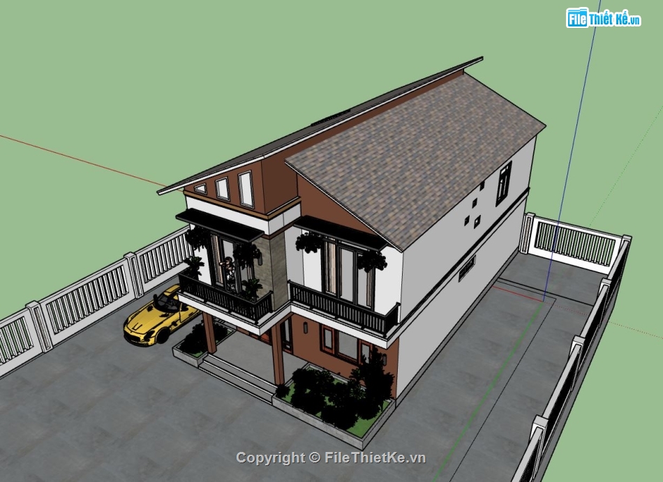 biệt thự 2 tầng 8x17m,model su biệt thự 2 tầng,file sketchup biệt thự 2 tầng,phối cảnh biệt thự 2 tầng