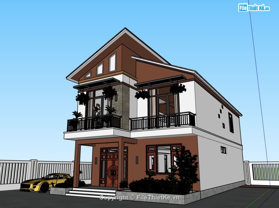 biệt thự 2 tầng 8x17m,model su biệt thự 2 tầng,file sketchup biệt thự 2 tầng,phối cảnh biệt thự 2 tầng