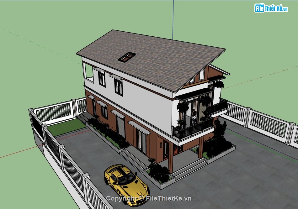 biệt thự 2 tầng 8x17m,model su biệt thự 2 tầng,file sketchup biệt thự 2 tầng,phối cảnh biệt thự 2 tầng