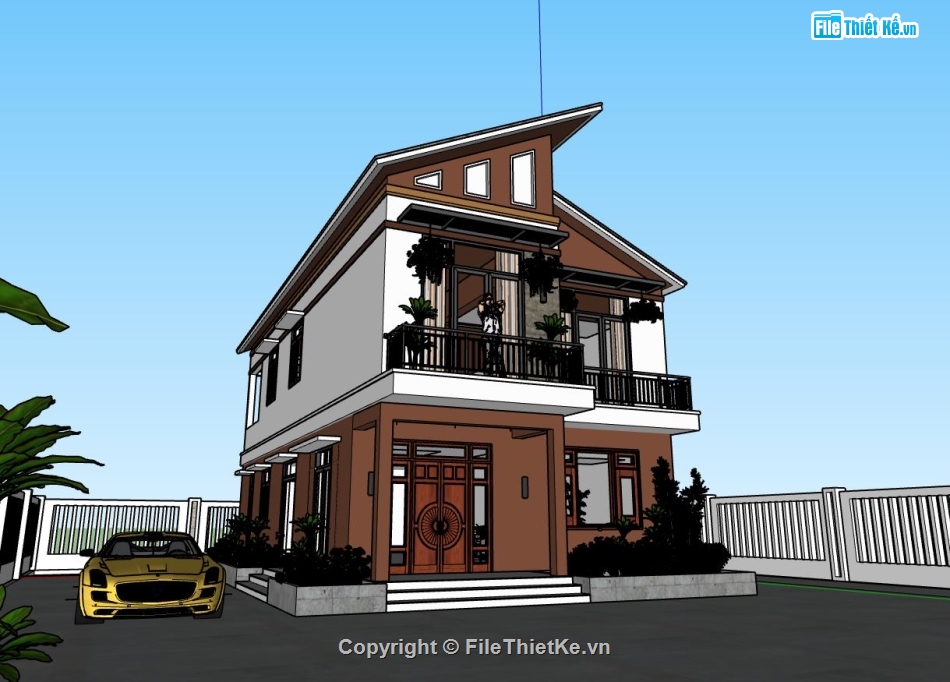 biệt thự 2 tầng 8x17m,model su biệt thự 2 tầng,file sketchup biệt thự 2 tầng,phối cảnh biệt thự 2 tầng