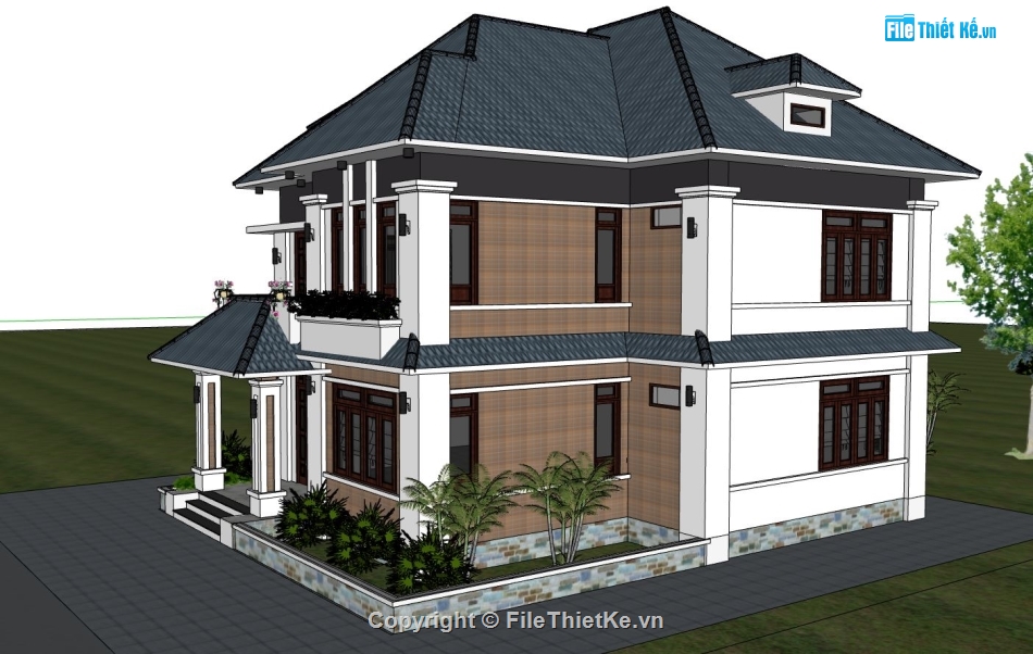 biệt thự 2 tầng mái thái,model sketchup biệt thự 2 tầng,file sketchup biệt thự đẹp