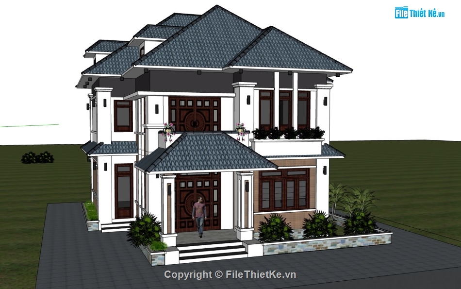 biệt thự 2 tầng mái thái,model sketchup biệt thự 2 tầng,file sketchup biệt thự đẹp