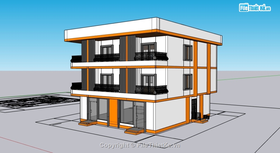 biệt thự 3 tầng,Model sketchup biệt thự,phối cảnh biệt thự phố