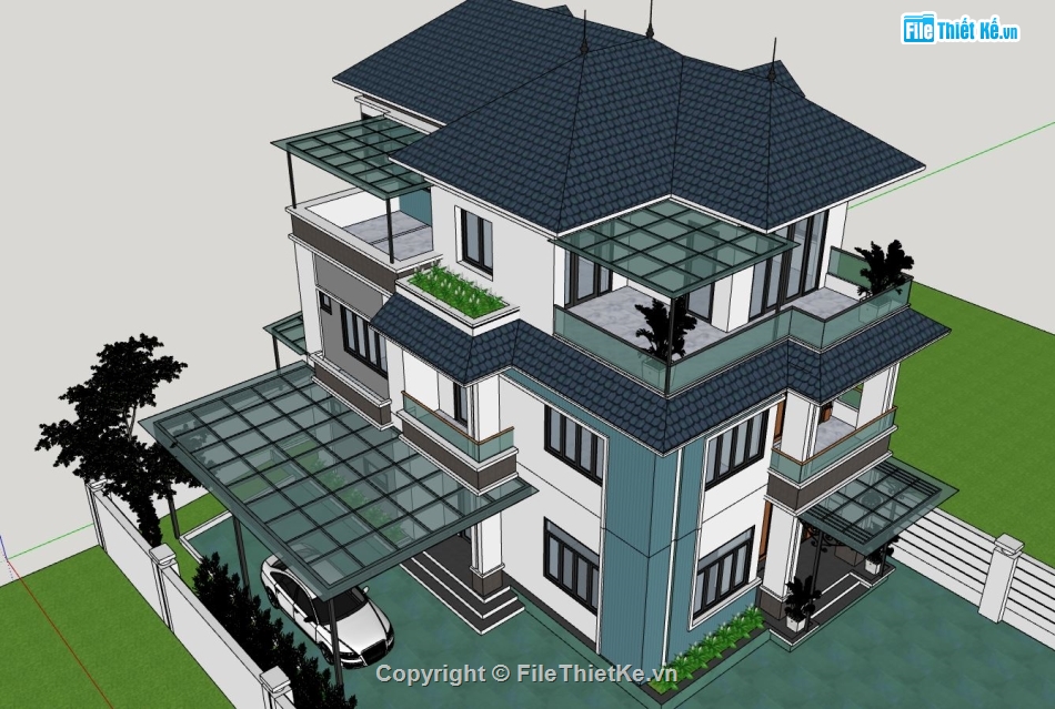 biệt thự 3 tầng đẹp,file sketchup biệt thự 3 tầng,phối cảnh biệt thự 3 tầng,thiết kế biệt thự 3 tầng