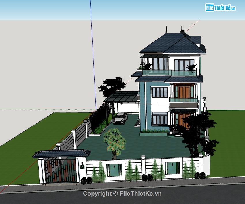 biệt thự 3 tầng đẹp,file sketchup biệt thự 3 tầng,phối cảnh biệt thự 3 tầng,thiết kế biệt thự 3 tầng