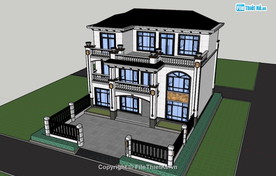 biệt thự 3 tầng,biệt thự 15 x 10m,biệt thự cổ điển 3 tầng,Model sketchup biệt thự 3 tầng