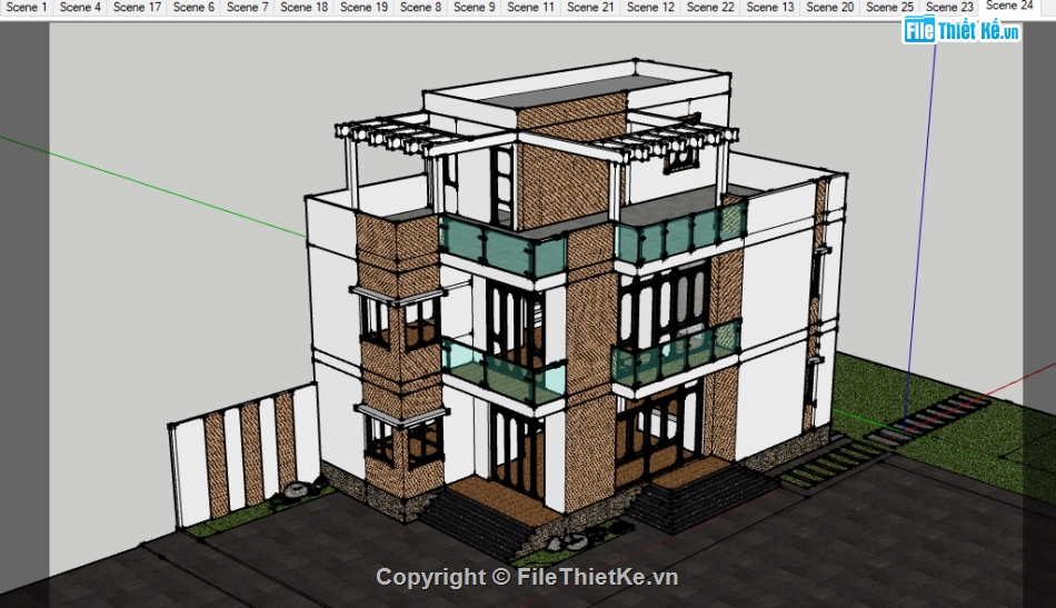 biệt thự hiện đại sketchup,biệt thự 3 tầng,biệt thự hiện đại 3 tầng,Sketchup 3 tầng,biệt thự  3 tầng