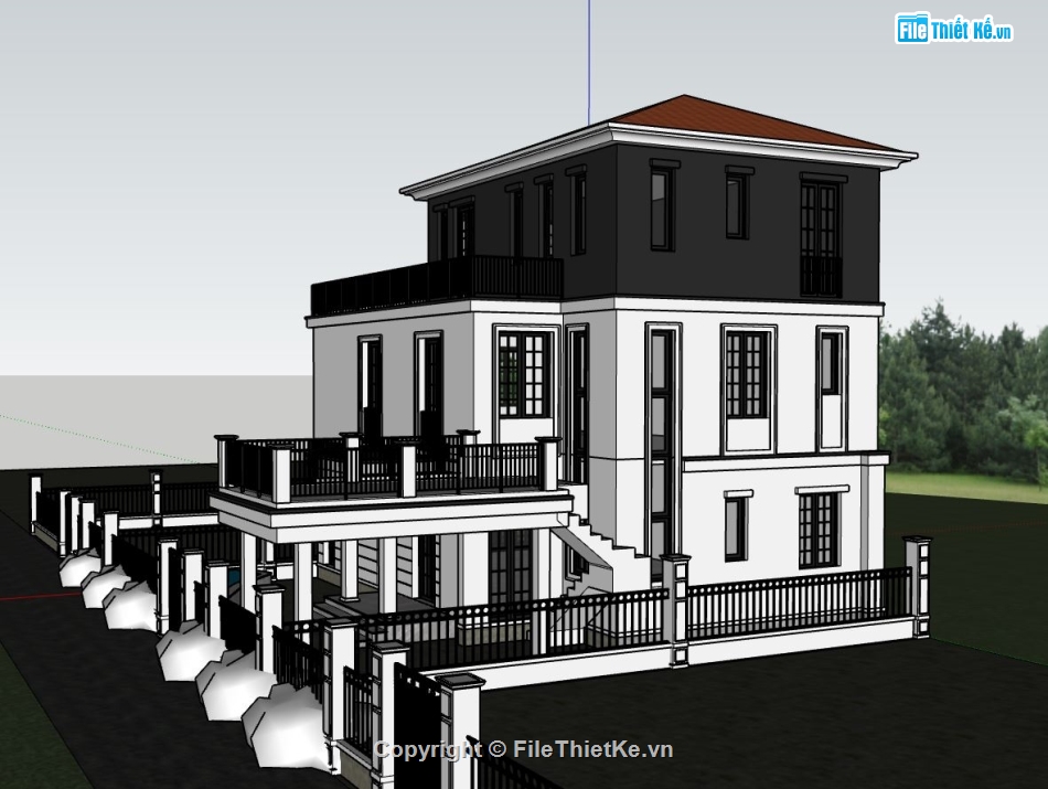 biệt thự 3 tầng sketchup,mẫu biệt thự 3 tầng su,phối cảnh biệt thự 3 tầng