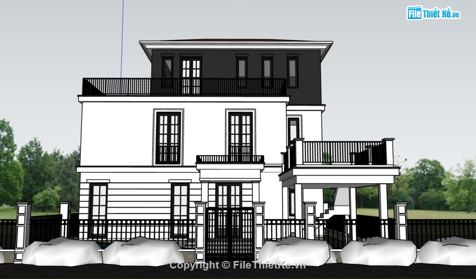 biệt thự 3 tầng sketchup,mẫu biệt thự 3 tầng su,phối cảnh biệt thự 3 tầng