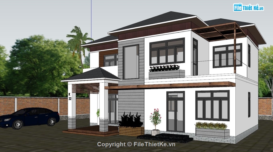 Model Sketchup biệt thự 2 tầng,biệt thự 2 tầng 10x14m dựng 3d su,nhà mái nhật 2 tầng file su