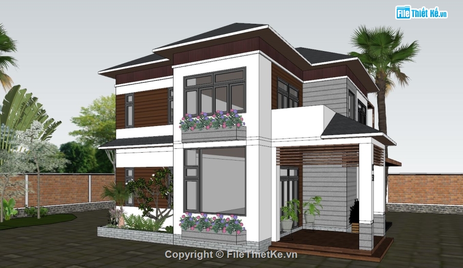 Model Sketchup biệt thự 2 tầng,biệt thự 2 tầng 10x14m dựng 3d su,nhà mái nhật 2 tầng file su