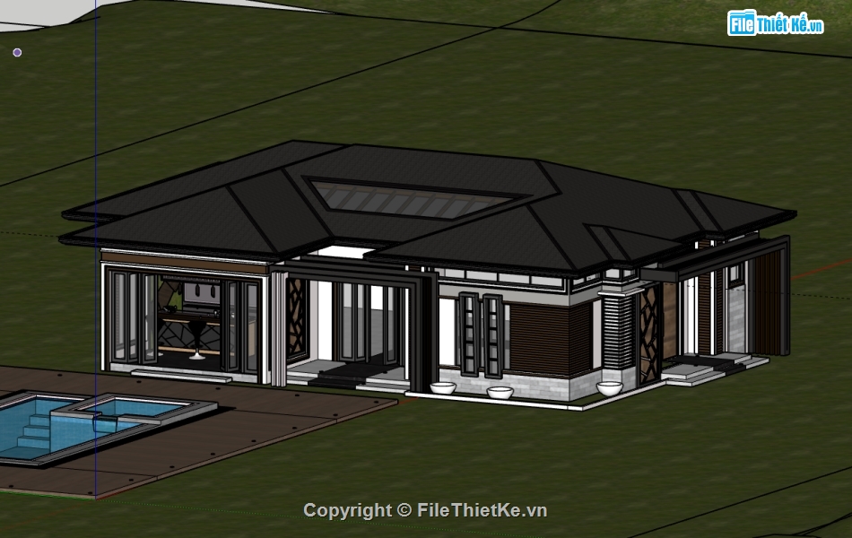 sketchup biệt thự 1 tầng,Model sketchup biệt thự 1 tầng,biệt thự 1 tầng sketchup