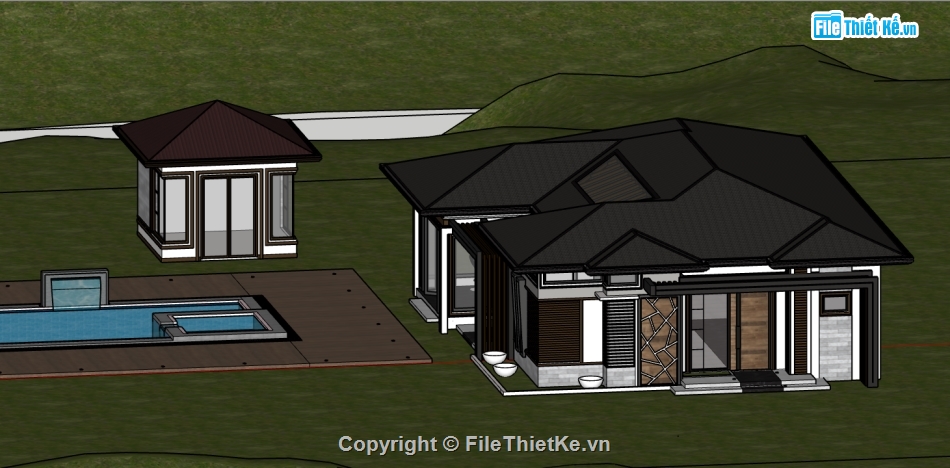 sketchup biệt thự 1 tầng,Model sketchup biệt thự 1 tầng,biệt thự 1 tầng sketchup
