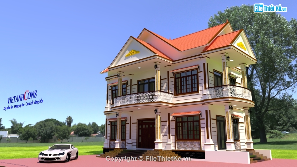 Model Sketchup biệt thự,biệt thự 2 tầng,biệt thự mái thái