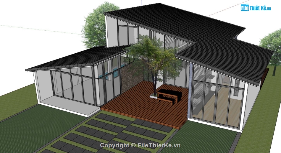 biệt thự nghỉ dưỡng 1 tầng,biệt thự 1 tầng,file sketchup biệt thự 1 tầng,mẫu biệt thự 1 tầng,biệt thự hiện đại