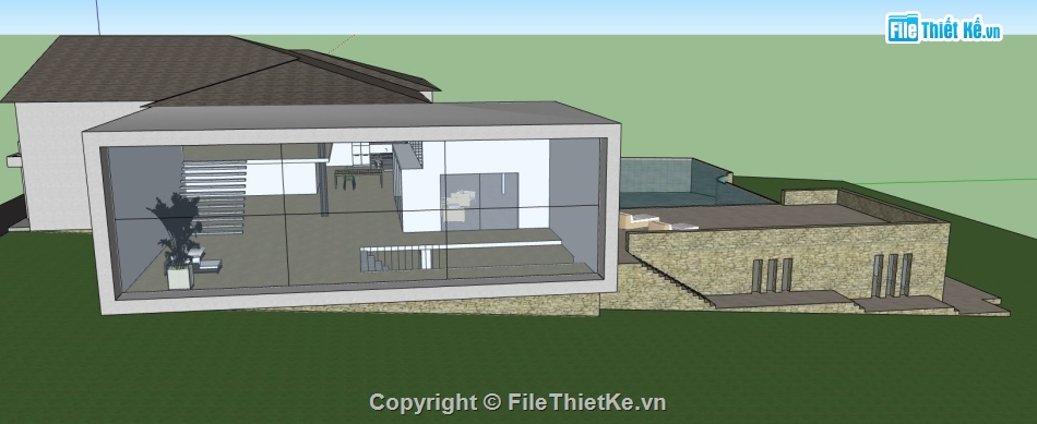 sketchup biệt thự 1 tầng,biệt thự nghỉ dưỡng,Model sketchup biệt thự,sketchup biệt thự
