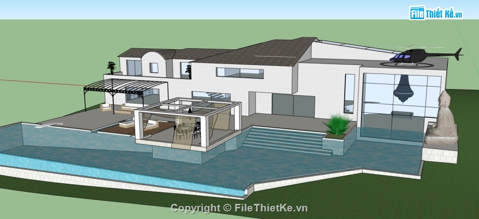 biệt thự 1 tầng,biệt thự sketchup,Model sketchup biệt thự,sketchup biệt thự 1 tầng