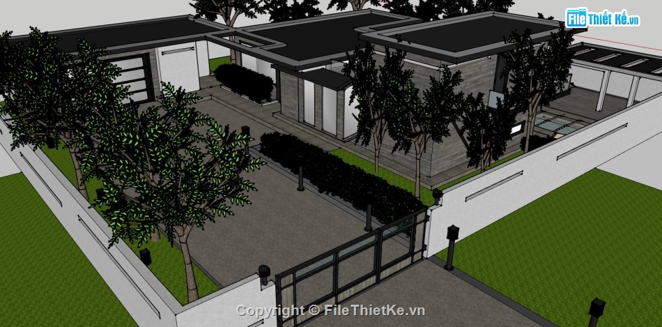 biệt thự nhà vườn,sketchup biệt thự nhà vườn,phối cảnh biệt thự 1 tầng,thiết kế biệt thự 1 tầng