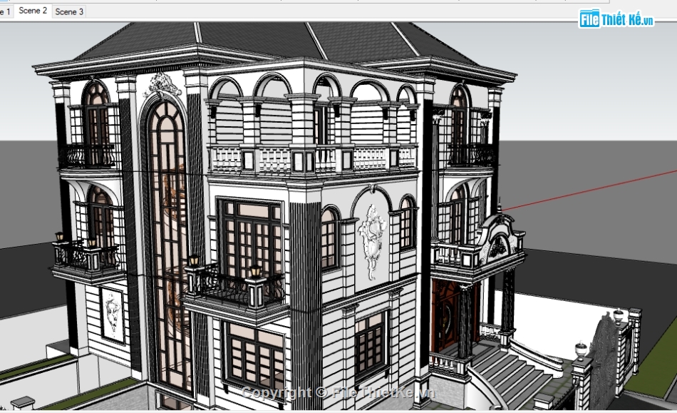 Sketchup biệt thự 3 tầng,biệt thự cổ điển 3 tầng,Sketchup biệt thự cổ,biệt thự tân cổ 3 tầng,Sketchup biệt thự cổ điển