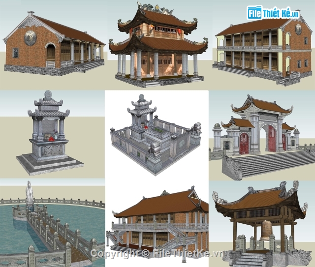 sketchup điện thờ,sketchup cổng tam quan,sketchup mộ đá,sketchup hàng rào đá