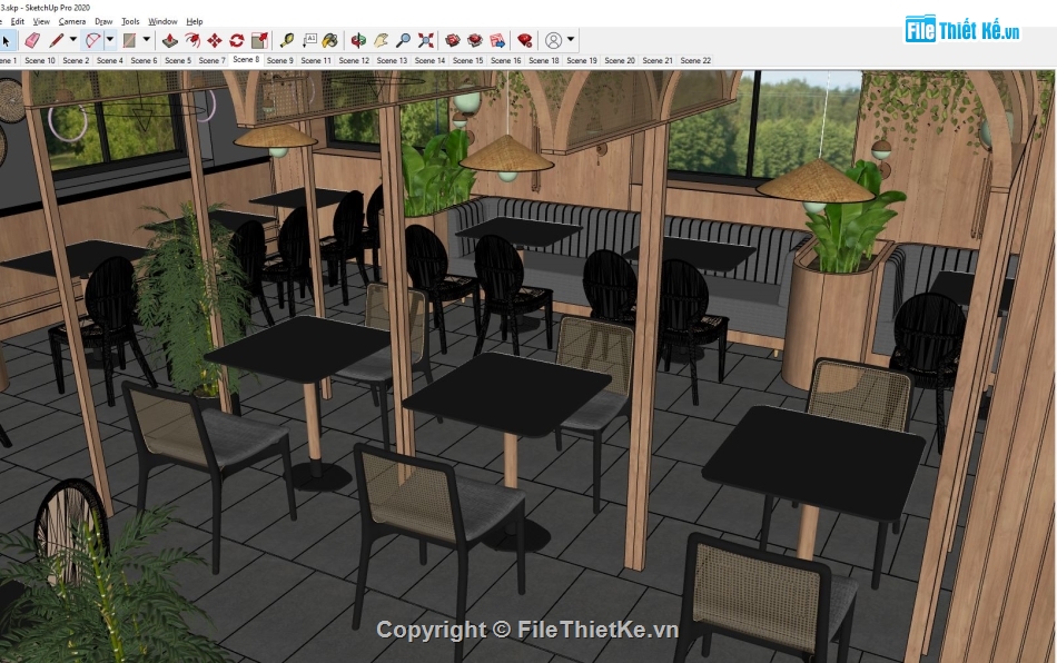 sketchup nội thất,3d nội thất nhà hàng,File su nội thất quán ăn,nội thất nhà hàng,model su nhà hàng