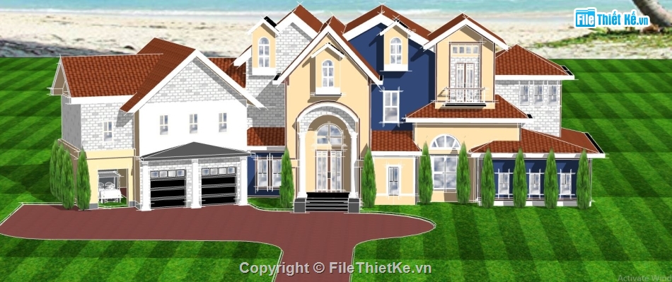 sketchup biệt thự 2 tầng,biệt thự biển,file sketchup biệt thự 2 tầng,thiết kế biệt thự 2 tầng