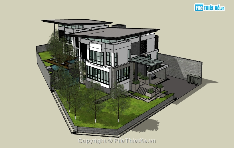 dựng sketchup nhà biệt thự 3 tầng,biệt thự 3 tầng file 3d su,model sketchup nhà biệt thự hiện đại