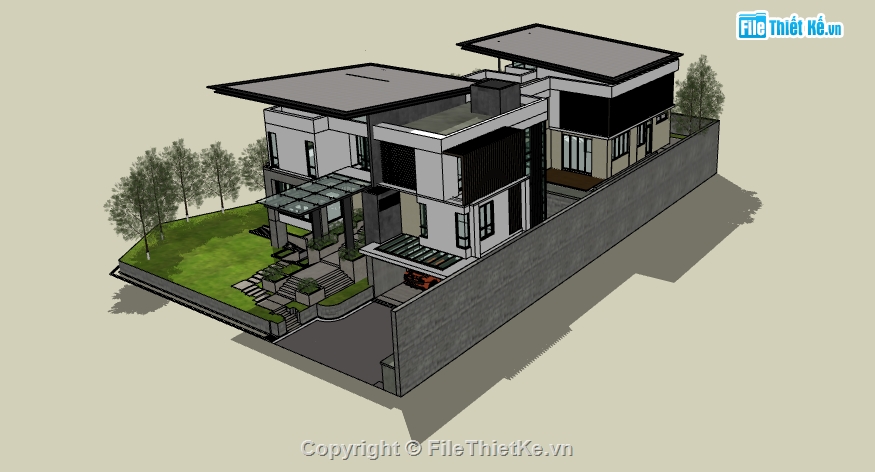 dựng sketchup nhà biệt thự 3 tầng,biệt thự 3 tầng file 3d su,model sketchup nhà biệt thự hiện đại