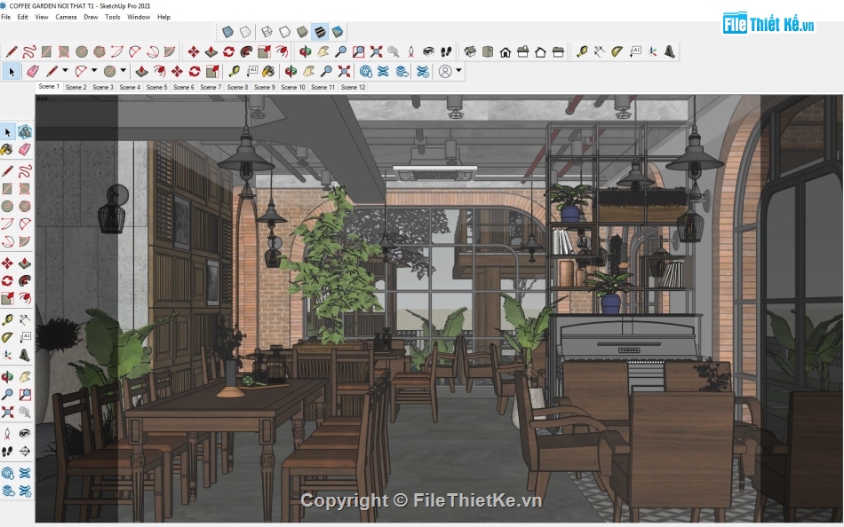 nội thất quán cafe,quán cafe 3 tầng,Model quán cafe,sketchup quán cafe,quán cafe