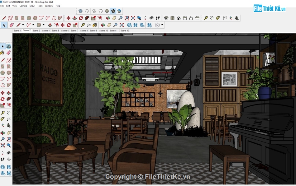 nội thất quán cafe,quán cafe 3 tầng,Model quán cafe,sketchup quán cafe,quán cafe