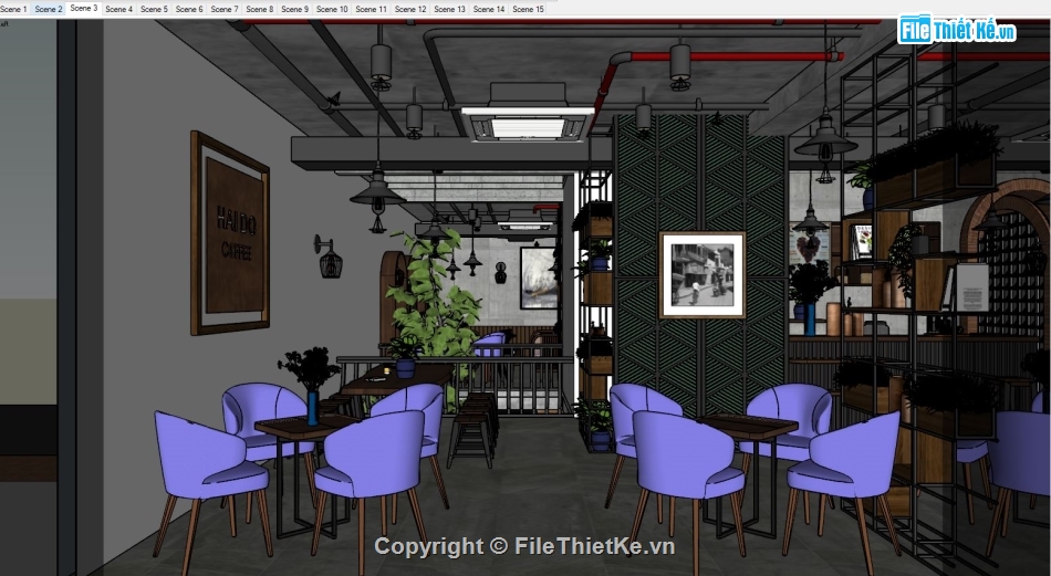 nội thất quán cafe,quán cafe 3 tầng,Model quán cafe,sketchup quán cafe,quán cafe