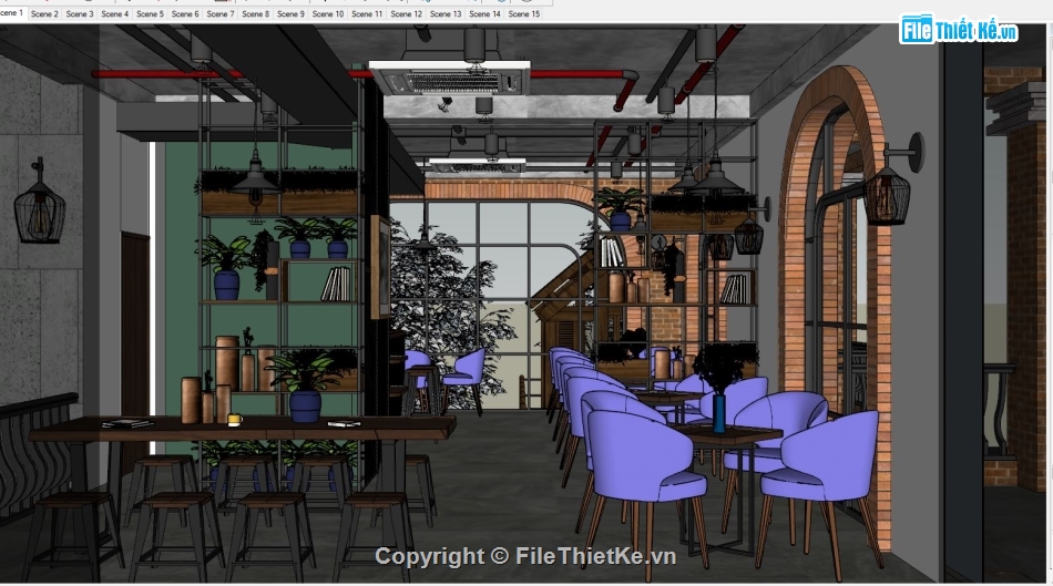 nội thất quán cafe,quán cafe 3 tầng,Model quán cafe,sketchup quán cafe,quán cafe