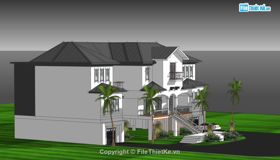 Model sketchup biệt thự,phối cảnh biệt thự phố,biệt thự 3 tầng,file sketchup biệt thự 3 tầng