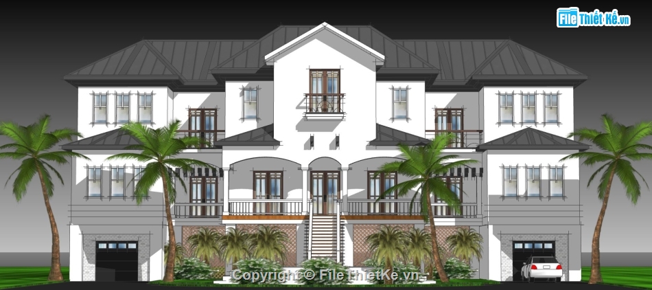 Model sketchup biệt thự,phối cảnh biệt thự phố,biệt thự 3 tầng,file sketchup biệt thự 3 tầng