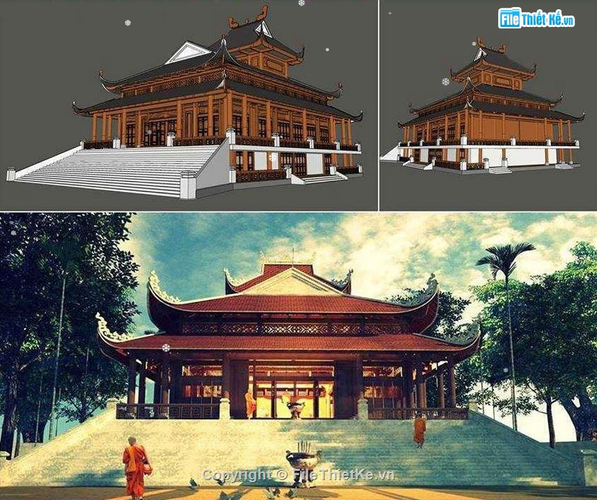 sketchup thiết kế chùa,mẫu dựng chùa đẹp,file sketchup chùa,phối cảnh 3d chùa