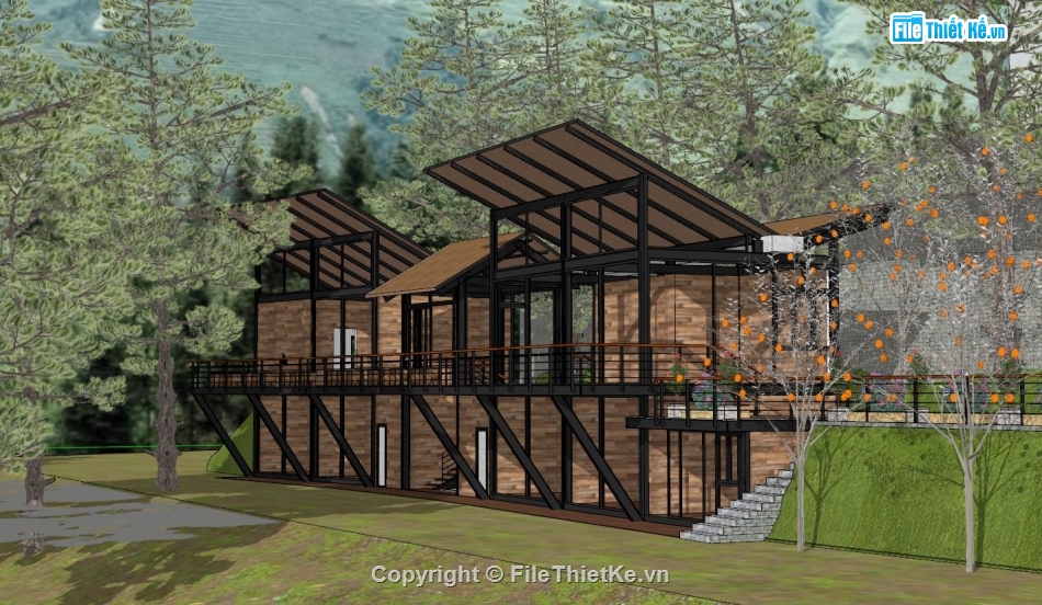 Home stay 2 tầng,file sketchup home stay,model su home stay,home stay 2 tầng 24x5m,bản vẽ home stay 2 tầng