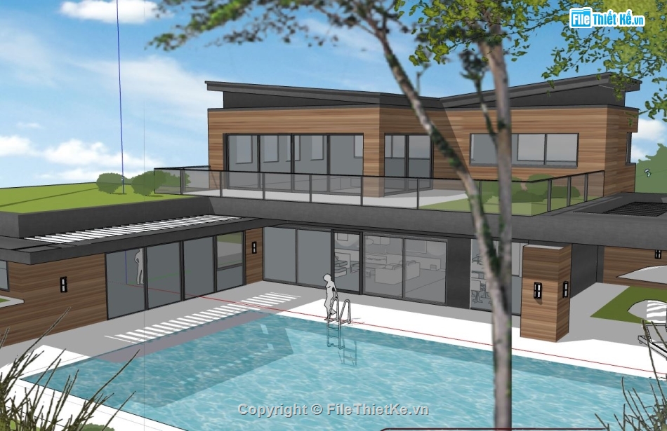 biệt thư 2 tầng,sketchup biệt thự 2 tầng có hồ bơi,model su biệt thự 2 tầng,file sketchup biệt thự 2 tầng