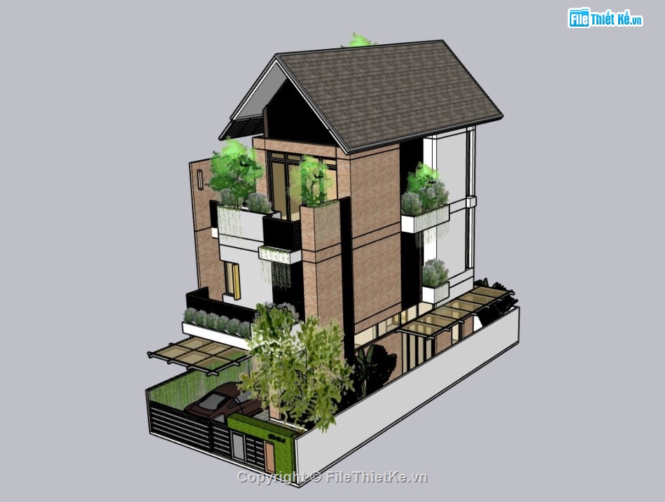 mẫu biệt thự sketchup,file su biệt thự 3 tầng,phối cảnh biệt thự 3 tầng,kiến trúc biệt thự 3 tầng
