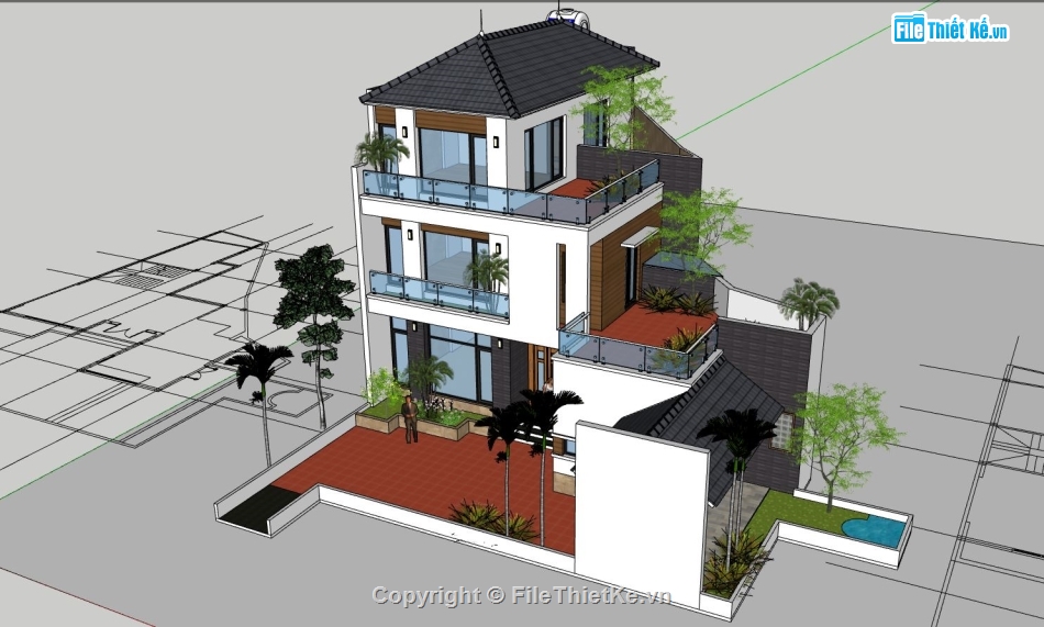 biệt thự 3 tầng,biệt thự phố,mẫu biệt thự sketchup,mẫu biệt thự 3 tầng,biệt thự sketchup