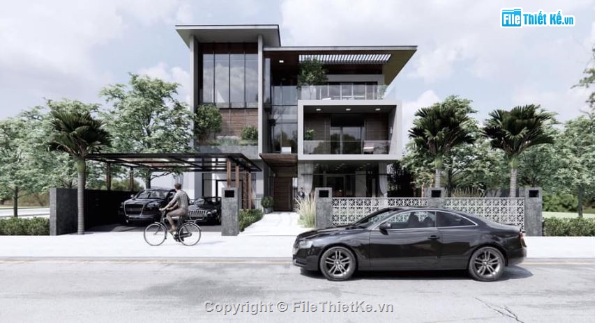 biệt thự 3 tầng,biệt thự hiện đại,biệt thự phố 3 tầng,skechup biệt thự phố 3 tầng,biệt thự 15x17.7m