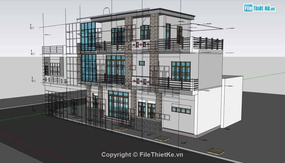 nhà phố lô góc,nhà phố 2 tầng,file sketchup nhà phố 2 tầng,thiết kế nhà phố 2 tầng