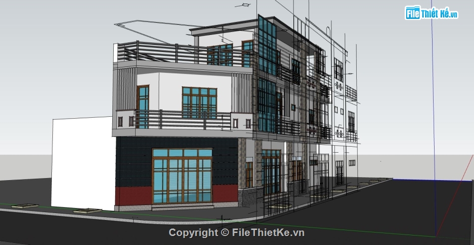 nhà phố lô góc,nhà phố 2 tầng,file sketchup nhà phố 2 tầng,thiết kế nhà phố 2 tầng