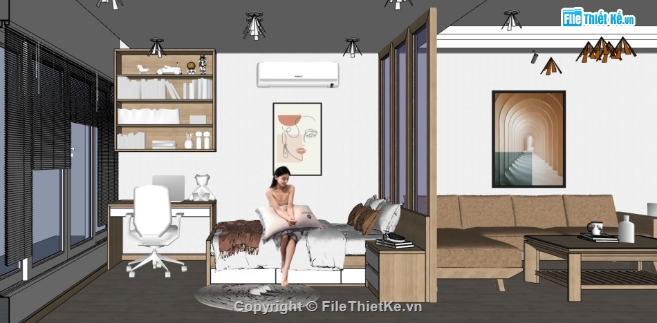 phòng khách hiện đại,sketchup phòng khách,phòng khách bếp file su