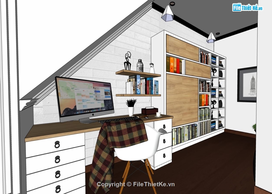 phòng ngủ sketchup,mẫu phòng ngủ sketchup,file sketchup phòng ngủ hiện đại,phòng ngủ gác mái