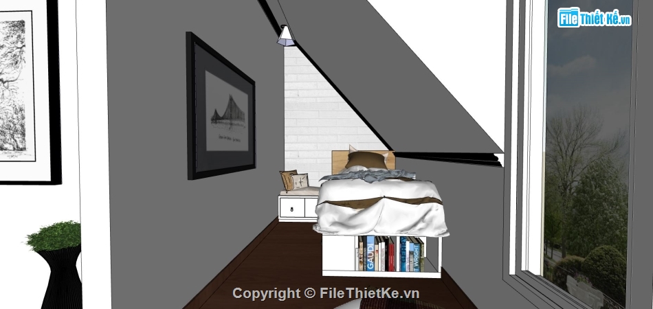 phòng ngủ sketchup,mẫu phòng ngủ sketchup,file sketchup phòng ngủ hiện đại,phòng ngủ gác mái