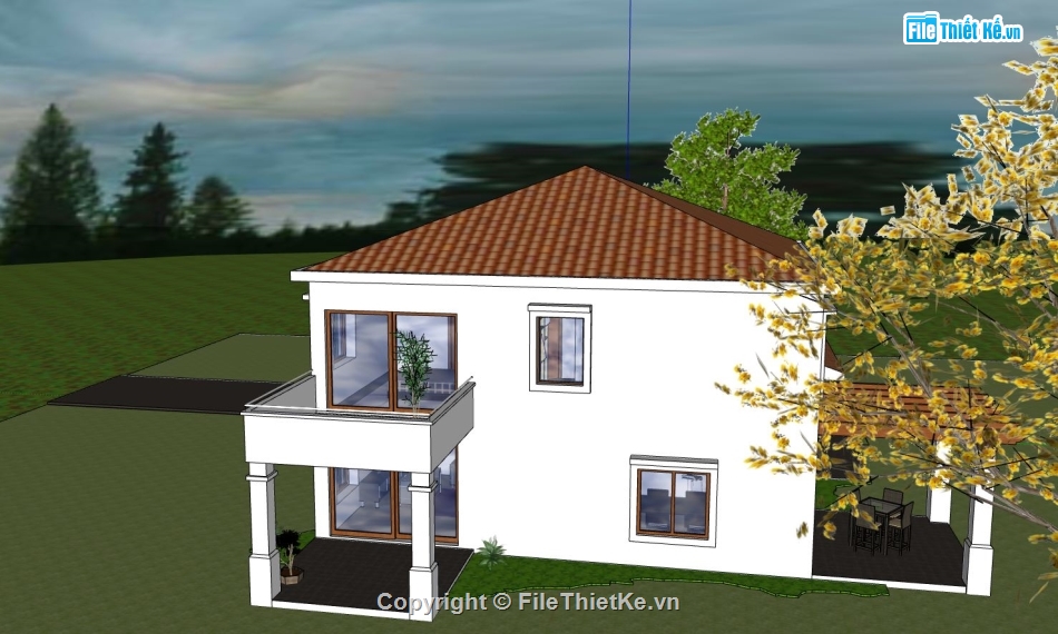 sketchup nhà 2 tầng,phối cảnh nhà 2 tầng,model su nhà phố 2 tầng,mẫu nhà 2 tầng đẹp
